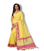 yellow hand woven cotton saree with blouse