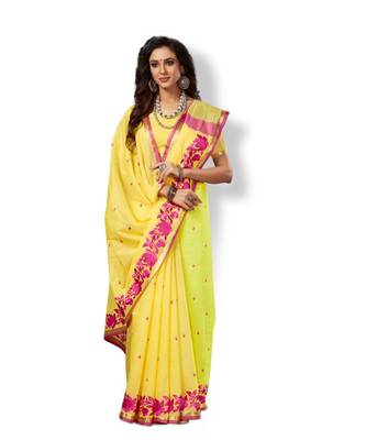 yellow hand woven cotton saree with blouse 2