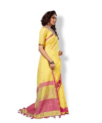 yellow hand woven cotton saree with blouse 3