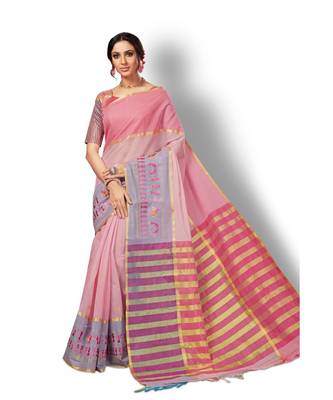 pink hand woven cotton saree with blouse 1