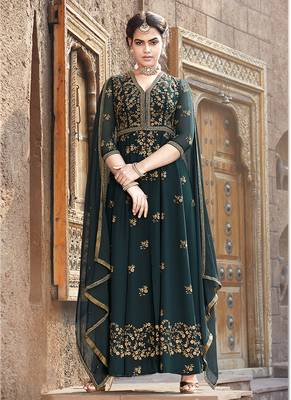 green embroidered faux georgette semi stitched salwar with dupatta 1