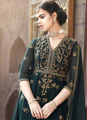 green embroidered faux georgette semi stitched salwar with dupatta 2