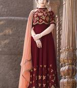 red embroidered faux georgette semi stitched salwar with dupatta