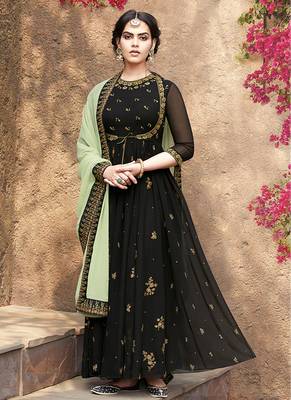 black embroidered faux georgette semi stitched salwar with dupatta 1