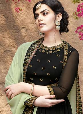 black embroidered faux georgette semi stitched salwar with dupatta 2