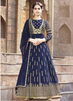 blue embroidered faux georgette semi stitched salwar with dupatta 1