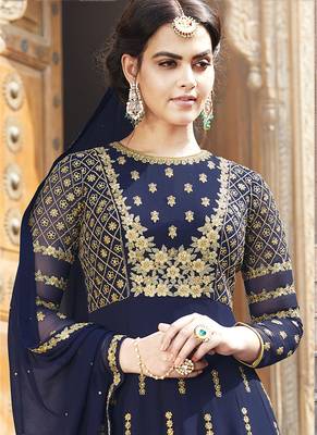 blue embroidered faux georgette semi stitched salwar with dupatta 2