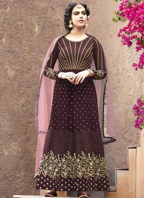 maroon embroidered faux georgette semi stitched salwar with dupatta 1