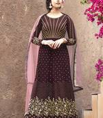maroon embroidered faux georgette semi stitched salwar with dupatta