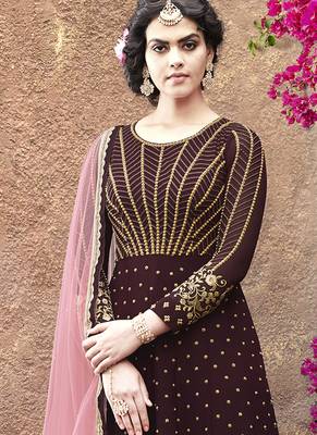 maroon embroidered faux georgette semi stitched salwar with dupatta 2