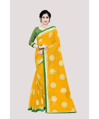 Women   s yellow Chanderi Cotton Saree with Jari and Satin Lace Border 1