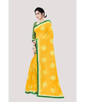 Women   s yellow Chanderi Cotton Saree with Jari and Satin Lace Border 2