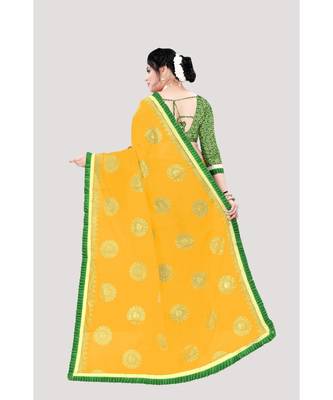 Women   s yellow Chanderi Cotton Saree with Jari and Satin Lace Border 3