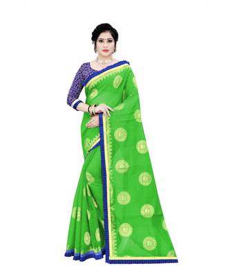 Women   s green Chanderi Cotton Saree with Jari and Satin Lace Border 1