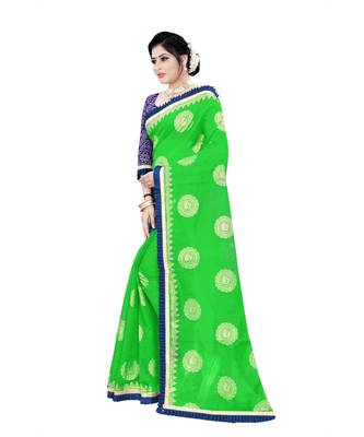Women   s green Chanderi Cotton Saree with Jari and Satin Lace Border 2