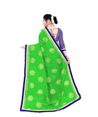 Women   s green Chanderi Cotton Saree with Jari and Satin Lace Border 3