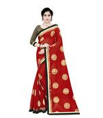 Women   s red Chanderi Cotton Saree with Jari and Satin Lace Border