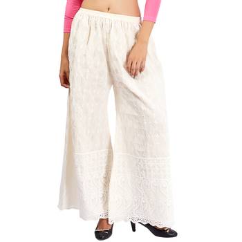 Off White Chikankari Work Cotton Palazzo for Women 1