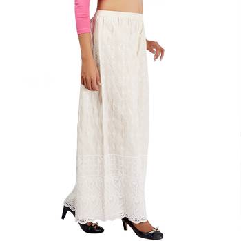 Off White Chikankari Work Cotton Palazzo for Women 2