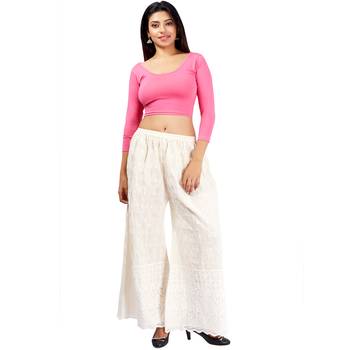 Off White Chikankari Work Cotton Palazzo for Women 5