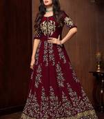 Maroon Embroidered Georgette Semi Stitched Salwar With Dupatta
