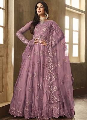 Purple Embroidered Net Semi Stitched Salwar With Dupatta 1
