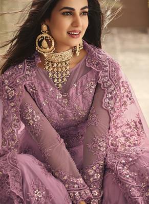 Purple Embroidered Net Semi Stitched Salwar With Dupatta 2