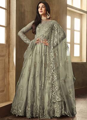 Green Embroidered Net Semi Stitched Salwar With Dupatta 1