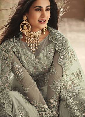 Green Embroidered Net Semi Stitched Salwar With Dupatta 2