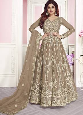 Beige Embroidered Net Semi Stitched Salwar With Dupatta 1