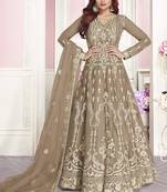 Beige Embroidered Net Semi Stitched Salwar With Dupatta