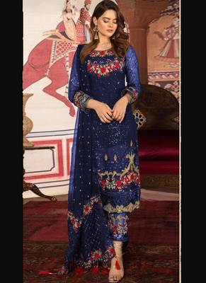 Blue Embroidered Net Semi Stitched Salwar With Dupatta 1