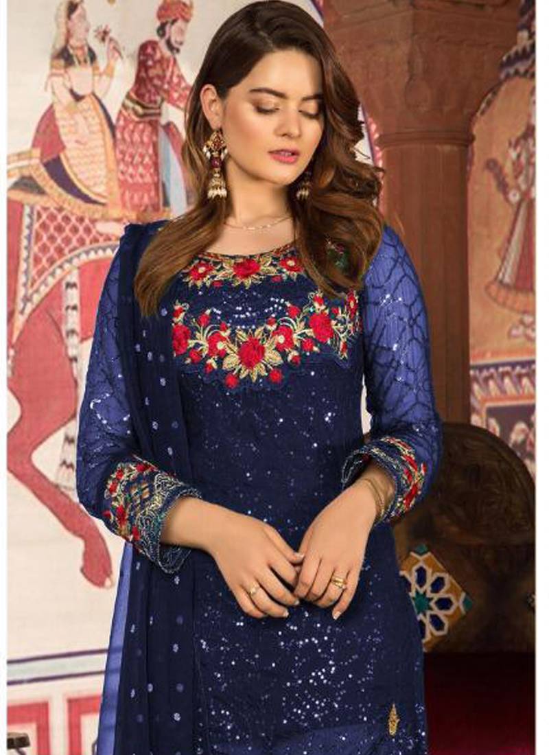 Blue Embroidered Net Semi Stitched Salwar With Dupatta