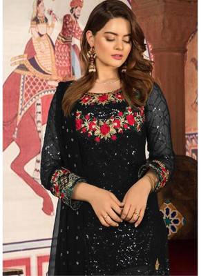 Black Embroidered Net Semi Stitched Salwar With Dupatta 2