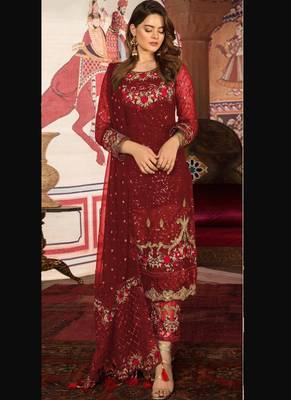 maroon embroidered net semi stitched salwar with dupatta 1