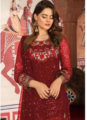 maroon embroidered net semi stitched salwar with dupatta 2