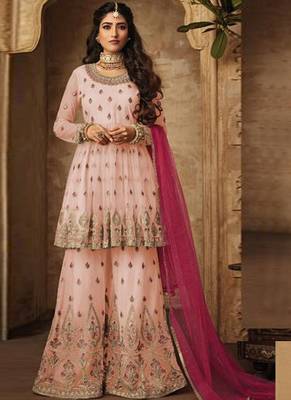 Pink Embroidered Net Semi Stitched Salwar With Dupatta 1