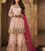 Pink Embroidered Net Semi Stitched Salwar With Dupatta