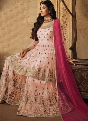 Pink Embroidered Net Semi Stitched Salwar With Dupatta 2