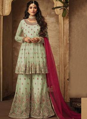 Green Embroidered Net Semi Stitched Salwar With Dupatta 1