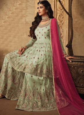 Green Embroidered Net Semi Stitched Salwar With Dupatta 2