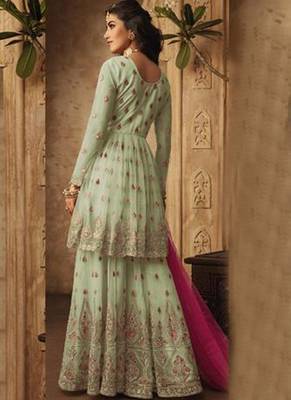 Green Embroidered Net Semi Stitched Salwar With Dupatta 3