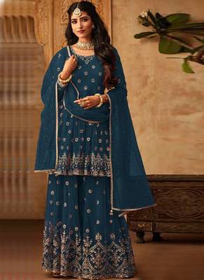 Green Embroidered Net Semi Stitched Salwar With Dupatta 1