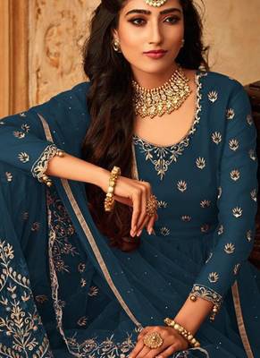 Green Embroidered Net Semi Stitched Salwar With Dupatta 3