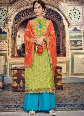 Green Embroidered Silk Blend Semi Stitched Salwar With Dupatta 1