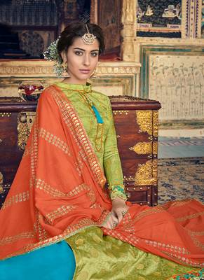 Green Embroidered Silk Blend Semi Stitched Salwar With Dupatta 2