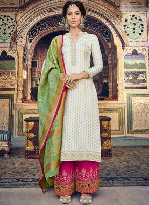 Off White Embroidered Silk Blend Semi Stitched Salwar With Dupatta 1
