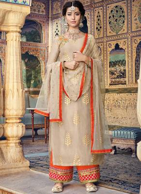 Beige Embroidered Silk Blend Semi Stitched Salwar With Dupatta 1