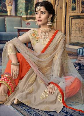 Beige Embroidered Silk Blend Semi Stitched Salwar With Dupatta 2