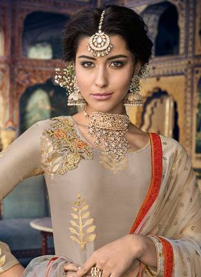 Beige Embroidered Silk Blend Semi Stitched Salwar With Dupatta 3